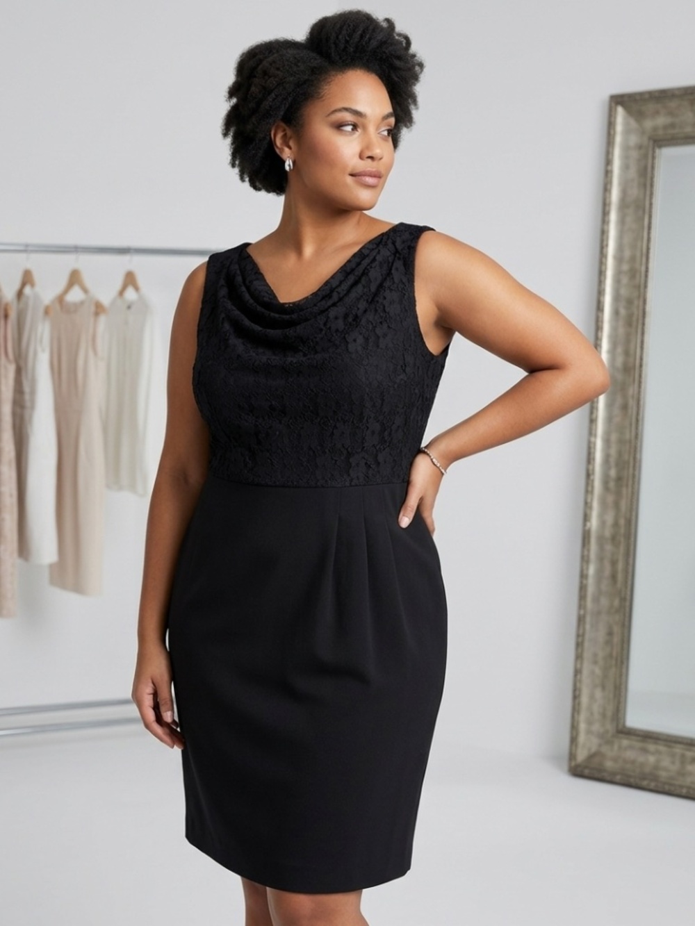 Jessica Black Lace Cowl Neck Sleeveless Pleated LBD Cocktail Dress Size 14